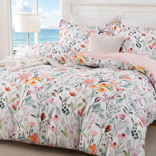 Vista 15 de JOLLYVOGUE Juego de funda de edredón floral tamaño matrimonial, 3 piezas Flores beige (sin edredón)
