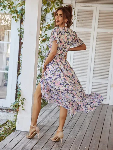 Vista 7 de PRETTYGARDEN - Vestido floral para mujer estilo bohemio, cruzado, con cuello en V, manga corta, con cinturón, dobladillo con volantes, acampanado