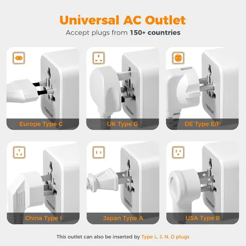 Vista 5 de TESSAN Adaptador de viaje universal, adaptador de corriente internacional Gris-20W