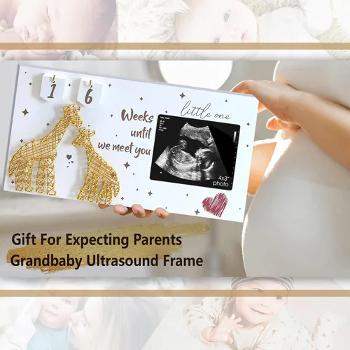 Vista 7 de Yudarte Ultrasound Picture Frame 4x3 Inch with Baby Countdown Weeks Sonogram - Pregnancy Announcement Golden Giraffe Nails and String Decor - Ideal