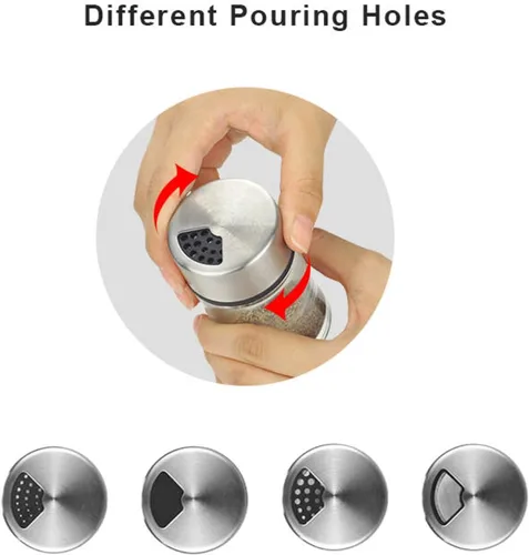 Vista 4 de Salero y pimentero prémium con agujeros ajustables para verter – Juego de 2 – Elegante acero inoxidable y vidrio – Juego de dispensador de especias