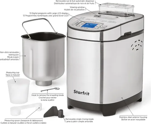 Vista 3 de Starfrit Máquina eléctrica para hacer pan, mocasines de 2 libras, sartén extraíble antiadherente, dispensador automático de tuercas, 13 programas