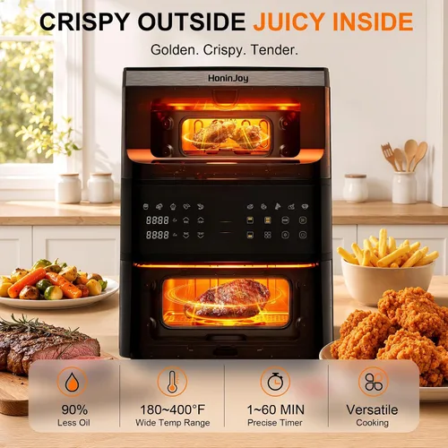 Vista 7 de Freidoras de aire verticales compactas de doble cesta de 13 cuartos con ventana de visualización Freidora de aire de doble zona de 1800 W con luz
