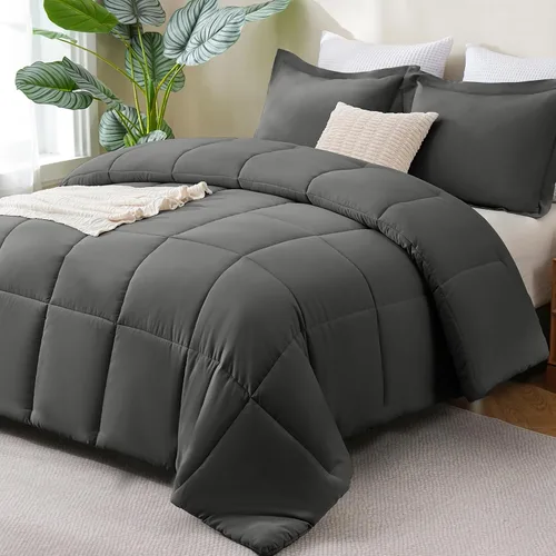 Vista 39 de CozyLux Juego de edredón Super King, juego de ropa de cama negro ceniza de 270GSM para todas las estaciones, juego de cama de 3 piezas cosidas
