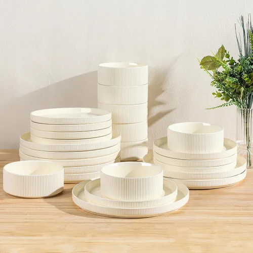 Vista 28 de TheTerra Juego de vajilla de cerámica para 4, juego de 12 platos y cuencos ligeros de porcelana, resistente a los arañazos, apto para horno