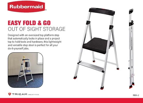 Vista 6 de Rubbermaid Escalera de 2 escalones, Taburete Escalón Plegable Ligero de Aluminio con Superficie Superior para Proyectos, Plateado, Probado según