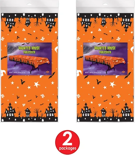 Vista 5 de Beistle Mantel de casa embrujada, 54 x 108 pulgadas, 2 piezas, mantel de plástico, mantel rectangular, mantel de Halloween, mantel de vacaciones