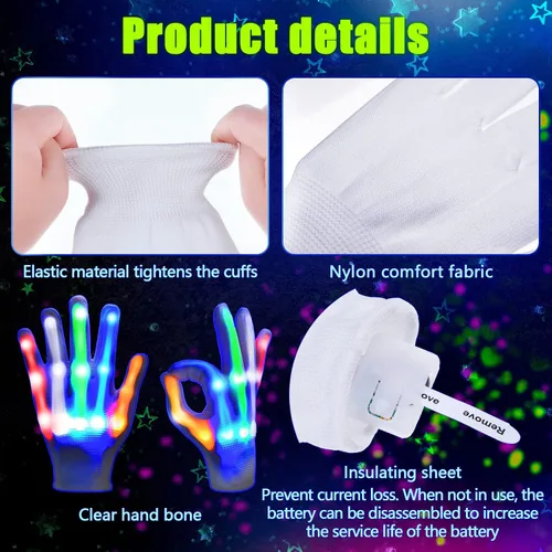 Vista 7 de 4 pares de guantes LED de Navidad, juguetes geniales y divertidos, guantes de luz intermitente, guantes coloridos que brillan con luz, Con