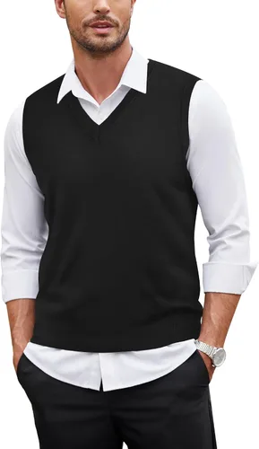 Vista 2 de COOFANDY Suéter sin mangas con cuello en V para hombre, ajustado, informal, con rombos