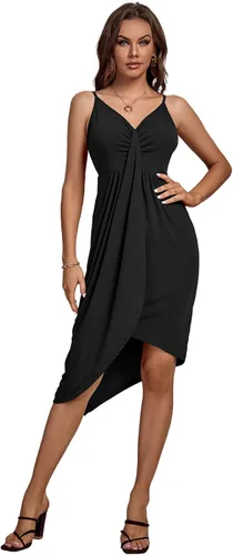 Vista 6 de LYANER Vestido midi de fiesta con cuello en V y tirantes delgados fruncidos y abertura frontal para mujer
