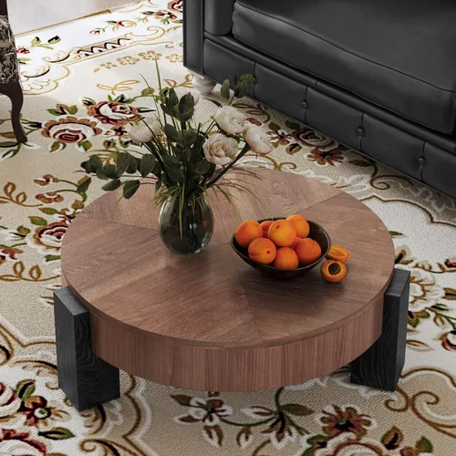 Vista 48 de Mesa de centro redonda de madera de 31.49 pulgadas con almacenamiento, mesa de centro circular acanalada de 2 niveles con tapa y estante para sala