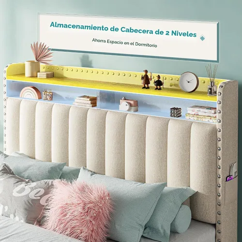 Vista 4 de EnHomee Marco de cama Full tapizada con 3 cajones de almacenamiento, cabecera de almacenamiento de 2 niveles, marco de cama de plataforma con Beige
