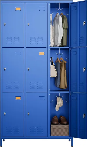 Vista 11 de SUPEER Taquillas metálicas de 9 puertas para empleados con 18 ganchos, taquillas de metal con tarjetero para escuela, garaje, oficina, gimnasio