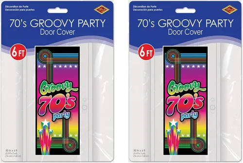 Vista 2 de Beistle Cubiertas de plástico para puertas de fiesta de los años 70, 6 x 30 pulgadas, juego de 2 decoraciones coloridas y vibrantes de los años 70
