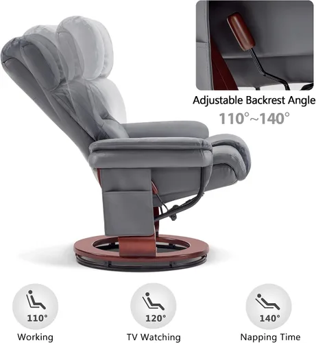 Vista 6 de MCombo Sillones reclinables giratorios con otomana, sillas reclinables de TV con masaje por vibración, silla ergonómica de piel sintética para sala