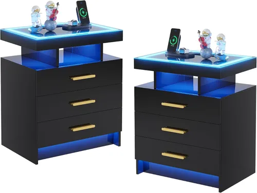 Vista 12 de HNEBC Mesita de noche negra con 3 cajones y estación de carga inalámbrica y negro (91016-1pcs-Black)