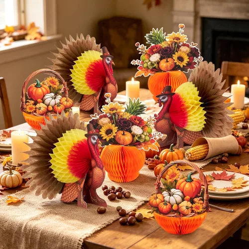 Vista 6 de Decoraciones de Acción de Gracias, decoraciones de mesa de otoño, papel 3D de pavo, panal de abeja para otoño, cosecha, fiesta, cocina, mesa