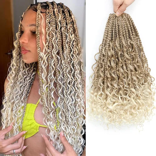 Vista 32 de Flagship 9 Paquetes Goddess Box Braids Cabello de Ganchillo para Mujeres Negras - 10 Pulgadas Pre-enrollado con Puntas Rizadas, Estilo Bohemio 1b