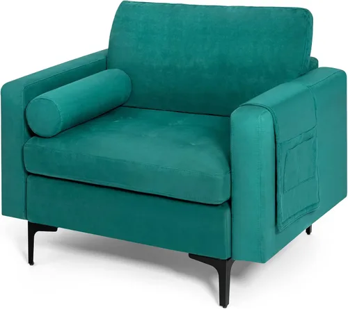 Vista 8 de KOMFOTT Sofá individual con refuerzo, moderna silla decorativa con reposabrazos, soporte para revistas, asiento de gran tamaño, cojín cómodo, sillón