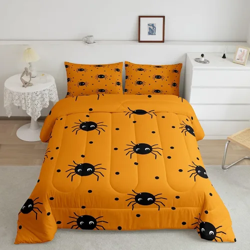 Vista 23 de Castle Fairy Spider Web Comforter Set,Happy Halloween Theme Hippie Bedding Sets for Kids Teens Adults,Black Spider Wild Animal Silhouette Comforter