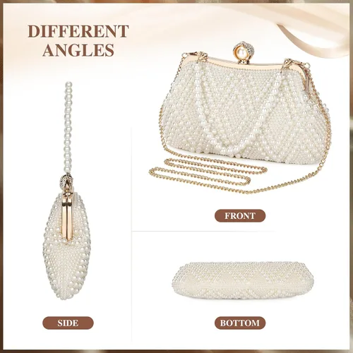 Vista 7 de UBORSE Bolso de mano de perlas para mujer, bolso de noche con cuentas de cristal noble para boda, con cadena de perlas
