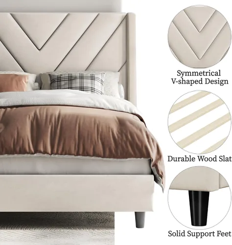 Vista 9 de YAHETECH - Base de cama tapizada tamaño individual con plataforma y cabecera con ala, soporte de listones de madera, cabecera copetada con ala, base