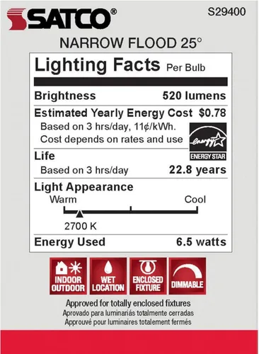 Vista 7 de Satco Bombilla LED de estado sólido S9400, plata, 7 vatios, voltaje 120, 525 lúmenes iniciales, forma de lámpara PAR20, base media, base ANSI E26