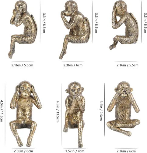 Vista 3 de Juego de estatuas de 3 monos sabios, figuras de See Hear Speak No Evil, estantes de resina dorada antigua, decoración de animales sentados