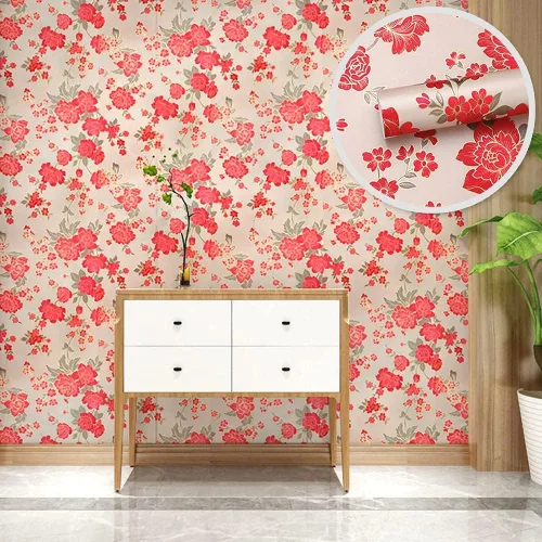 Vista 3 de J9175 - Papel tapiz floral para despegar y pegar de 17.7 pulgadas x 9.8 pies, color rojo/caqui, papel de contacto autoadhesivo extraíble