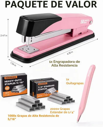 Vista 6 de Marsrock Grapadora resistente para escritorio con 50 hojas, 3000 grapas Rosa