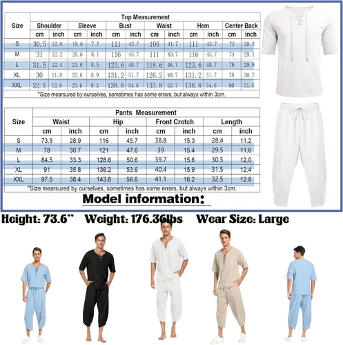 Vista 6 de Babioboa Conjunto de 2 piezas de lino para hombre, camisa hippie de manga corta y pantalones capri harén holgados para playa, pantalones de yoga