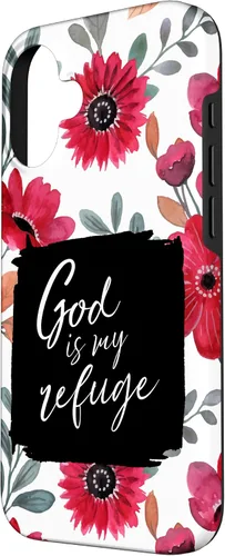 Vista 2 de God is My Refuge - Carcasa para iPhone 16, diseño de flores rojas con versículo bíblico del Salmo 91