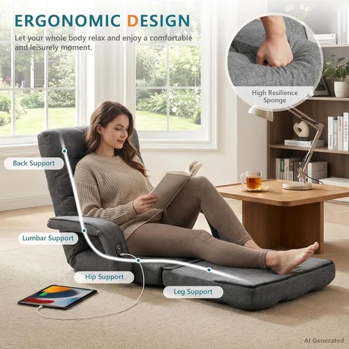 Vista 7 de Cómoda silla de piso con respaldo ajustable, sillas de sofá para juegos (gris) STHOUYN, 2 puertos de carga USB, interior, sofá perezoso, silla