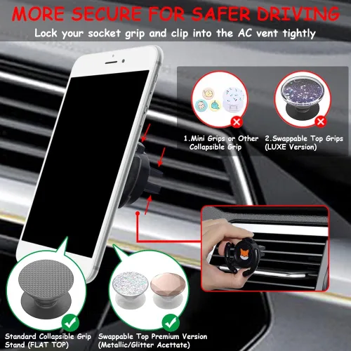 Vista 2 de Soporte de montaje de ventilación para automóvil, compatible con Popsocket, soporte de automóvil hecho para agarres de enchufe pop, soporte plegable