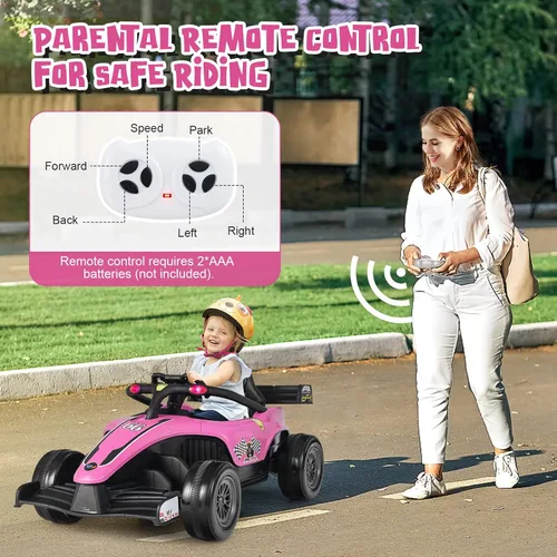 Vista 2 de HONEY JOY Go Kart eléctrico de carreras F1 alimentado por batería, con luz y música, suspensión de resorte, puerto USB, velocidad altabaja, vehículo