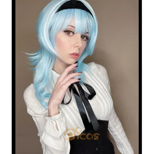Vista 2 de Alacos Anime - Pelucas de cosplay de múltiples roles, resistente al calor, peluca de fiesta de Halloween + gorra gratis (peluca de eula azul)