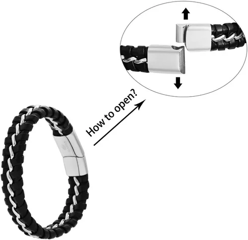 Vista 5 de Magna Steel Pulsera trenzada de cuero genuino para hombre con cierre magnético