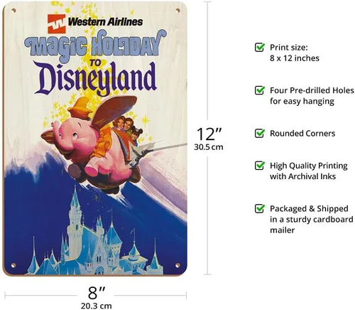 Vista 2 de Disneyland Magic Holiday - Western Airlines - Póster de viaje de avión vintage c.1970s - Cartel artístico de madera vintage de 8 x 12 pulgadas