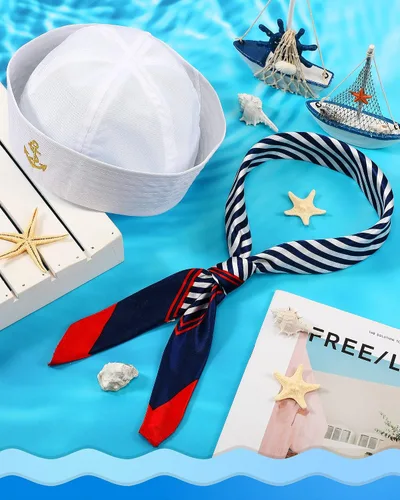 Vista 7 de Geyoga Conjunto de sombrero de marinero y bufanda para mujeres y hombres traje azul marino con sombrero de marinero blanco sombrero de capitán