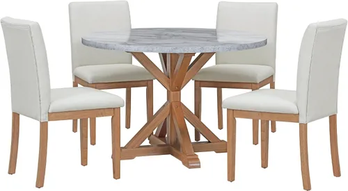 Vista 10 de Juego de mesa de comedor funcional retro de 5 piezas, mesa de comedor redonda extensible de madera y 4 sillas de comedor tapizadas para restaurante