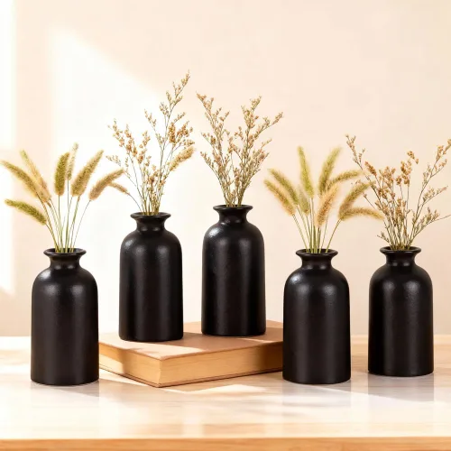 Vista 3 de Juego de 6 jarrones de cerámica negra, jarrones pequeños de 5 pulgadas para flores secas o plantas de casa, jarrones decorativos bohemios modernos