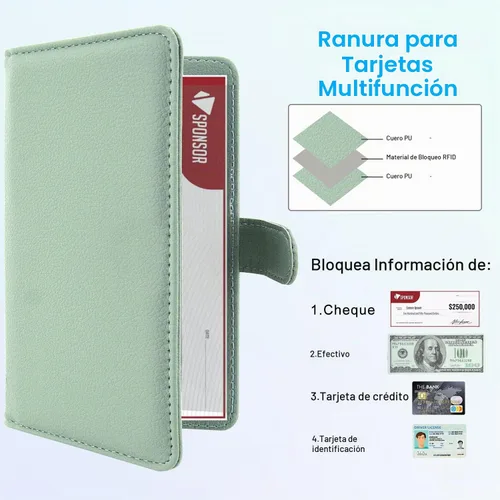 Vista 2 de ACdream Funda para chequera, cartera de cuero con bloqueo RFID *Verde Agave