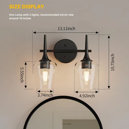Vista 5 de Luz de Tocador Negra de 2 Luces Estilo Granja Moderno Lámpara de Baño con Pantallas en Forma de Copa de Vino para Espejo de 16 Pulgadas, Aplique