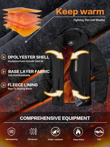 Vista 4 de WENRONSTA Chaqueta de esquí para hombre, abrigo de invierno, cálido, impermeable, rompevientos, montaña, snowboard, con capucha, senderismo, traval