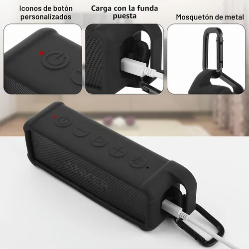Vista 12 de Funda de silicona compatible con altavoz portátil Anker Soundcore 2, funda protectora de viaje con asa y mosquetón para altavoz Anker Soundcore 2