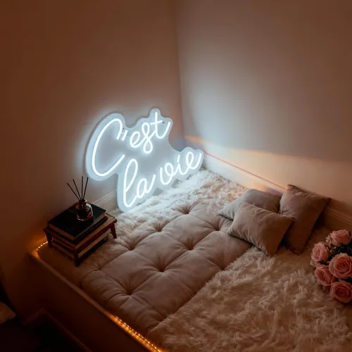 Vista 7 de C'est la vie Letrero de neón LED – Luz de neón blanca con texto en inglés «That's Life», alimentada por USB, decoración de mesa de pared