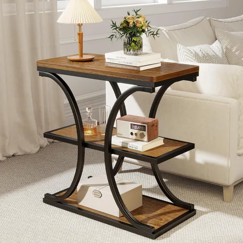 Vista 3 de BECHAEO Mesas auxiliares de 24 pulgadas, mesa auxiliar industrial de 3 niveles con estantes de almacenamiento, mesa de sofá de madera con marco