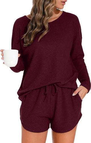 Vista 9 de PrinStory Conjunto de pijama para mujer, de punto gofre, tallas S-4XL Negro