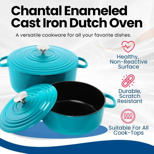 Vista 3 de Chantal Juego de horno holandés de hierro fundido, 3 y 7 cuartos de galón, esmalte premium formulado en Estados Unidos, azul marino