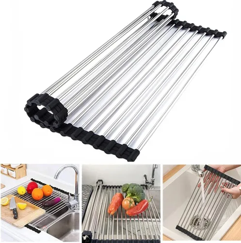 Vista 2 de Escurridor de platos enrollable de acero inoxidable sobre el fregadero para platos de cocina, tazas